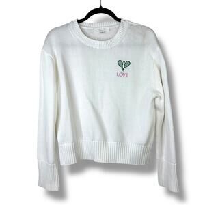 BRIT.NY NWOT Cream White Love Tennis Pickleball Embroidered Cotton Knit Sweater